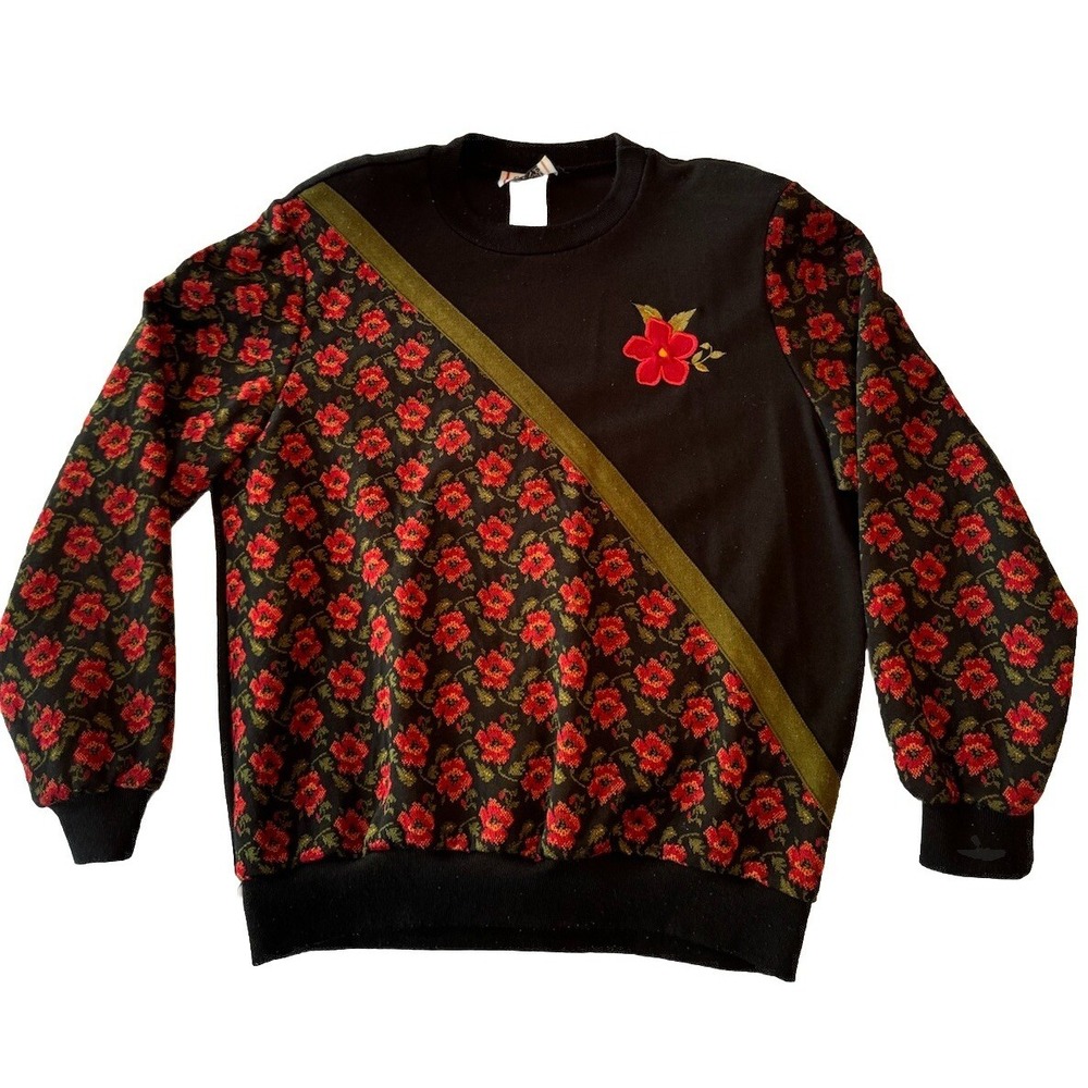 Vintage 80's - 90's Cricket Lane Floral Top Size Med - Cottage Granny Black Red